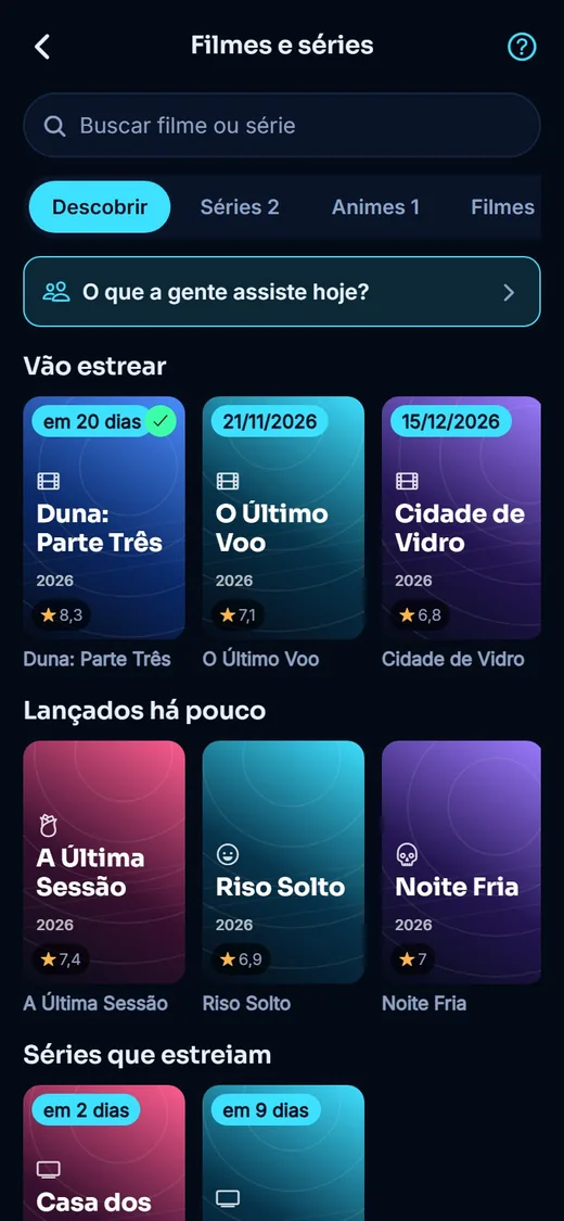 Tela do app: Filmes e séries