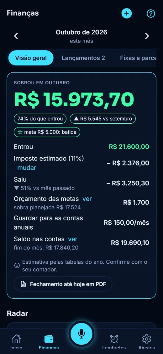 Tela do app: Finanças em 8 abas