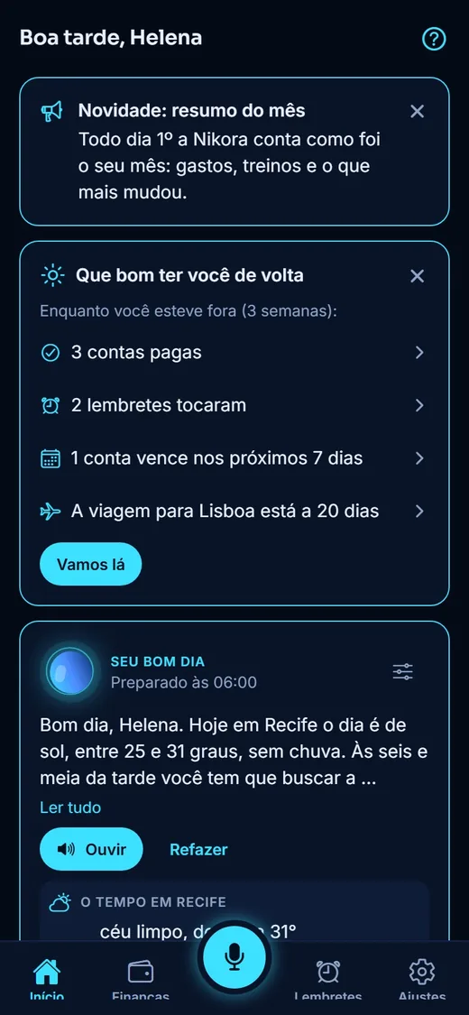 Tela do app: O Início em cartões