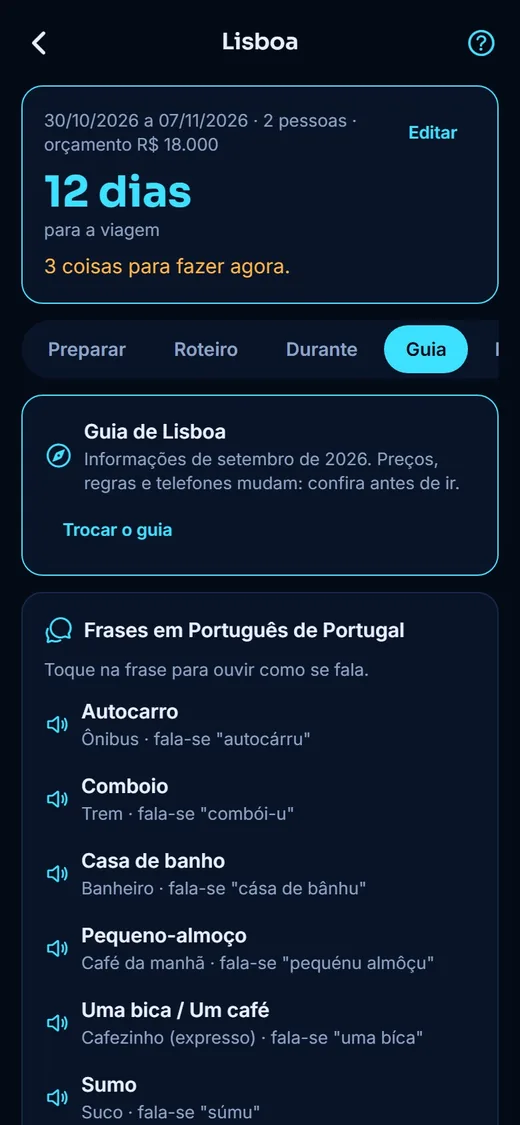 Tela do app: O guia da viagem